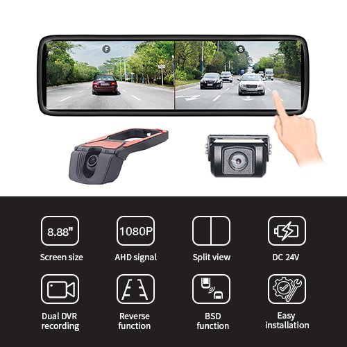 8.88 Inch 3CH HD Rearview Backup Camera Mirror System with BSD Features
