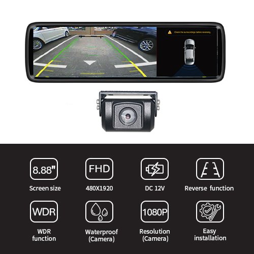 8.88 Inch HD Digital Rearview Mirror Backup Camera System Features