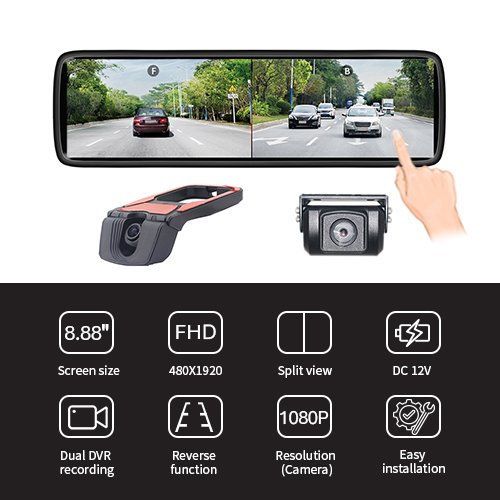 8.88 Inch HD Dual DVR Recording Rearview Mirror Camera System Features