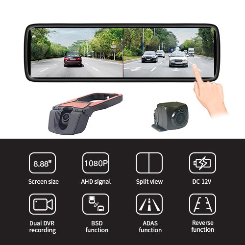 8.88 Inch HD Dual Camera Rearview Mirror System with ADAS BSD Features